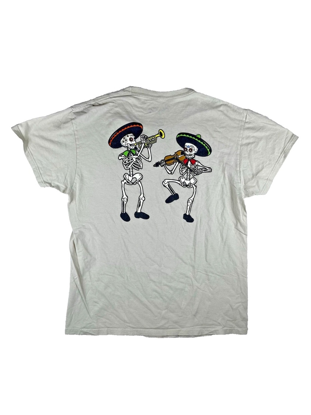 Bowery Large Beige Tshirt Skeletons Mariachi Band Sombrero Dios De Los Muertos